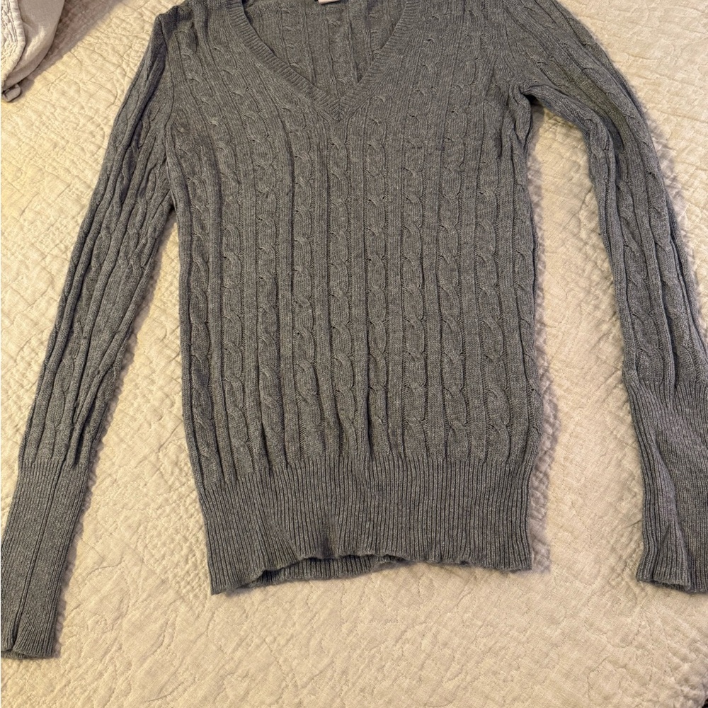J. Crew Gray V-Neck Cable Knit Sweater